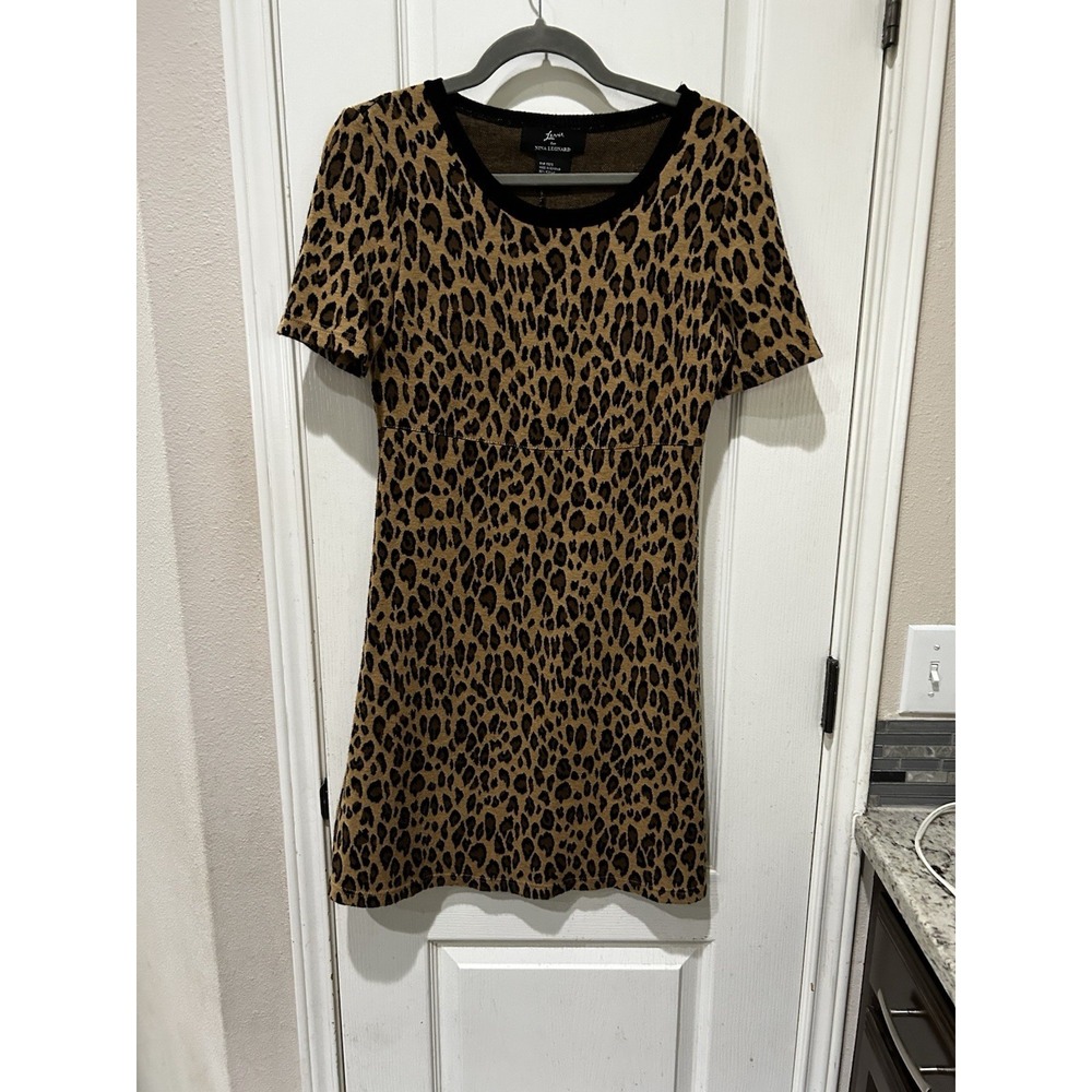 Lemmie for Nina Leonard Womens Cheetah Animal Short Sleeve Sweater Dress